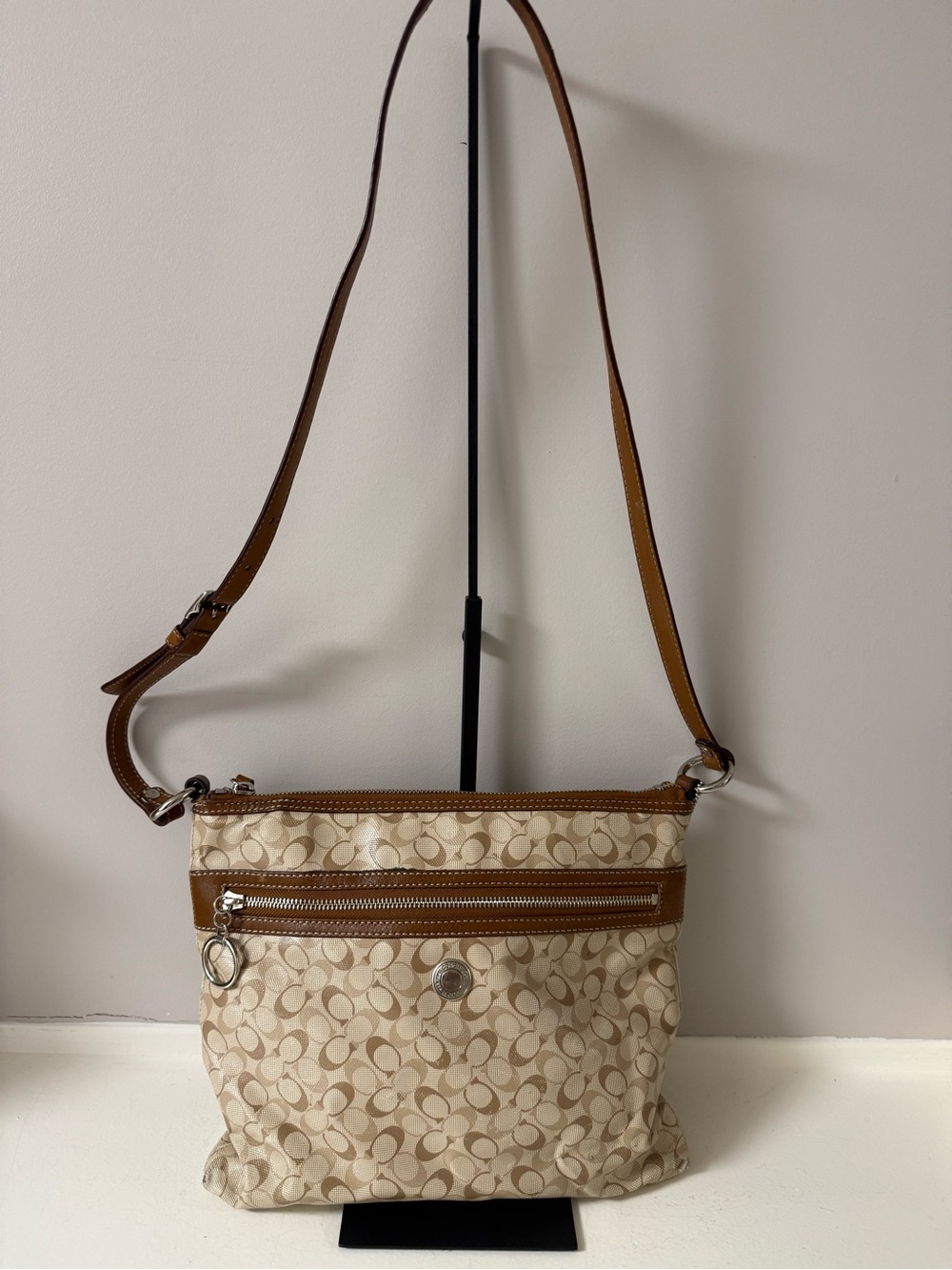 Coach Beige Signature Crossbody with Brown Leather Trim!